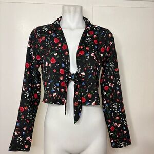 Vintage 90s/Y2K Timing Black Floral Tie Front Blouse